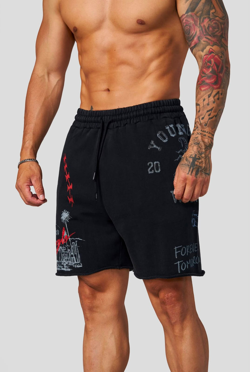 YoungLA Graphic Raw-Hem Shorts