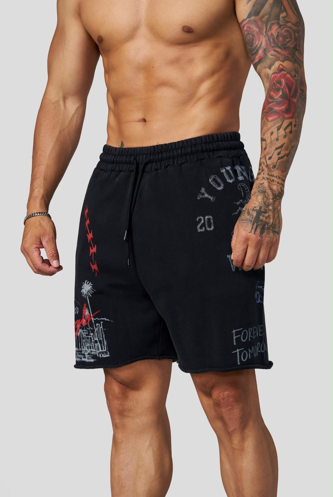 YoungLA Graphic Raw-Hem Shorts
